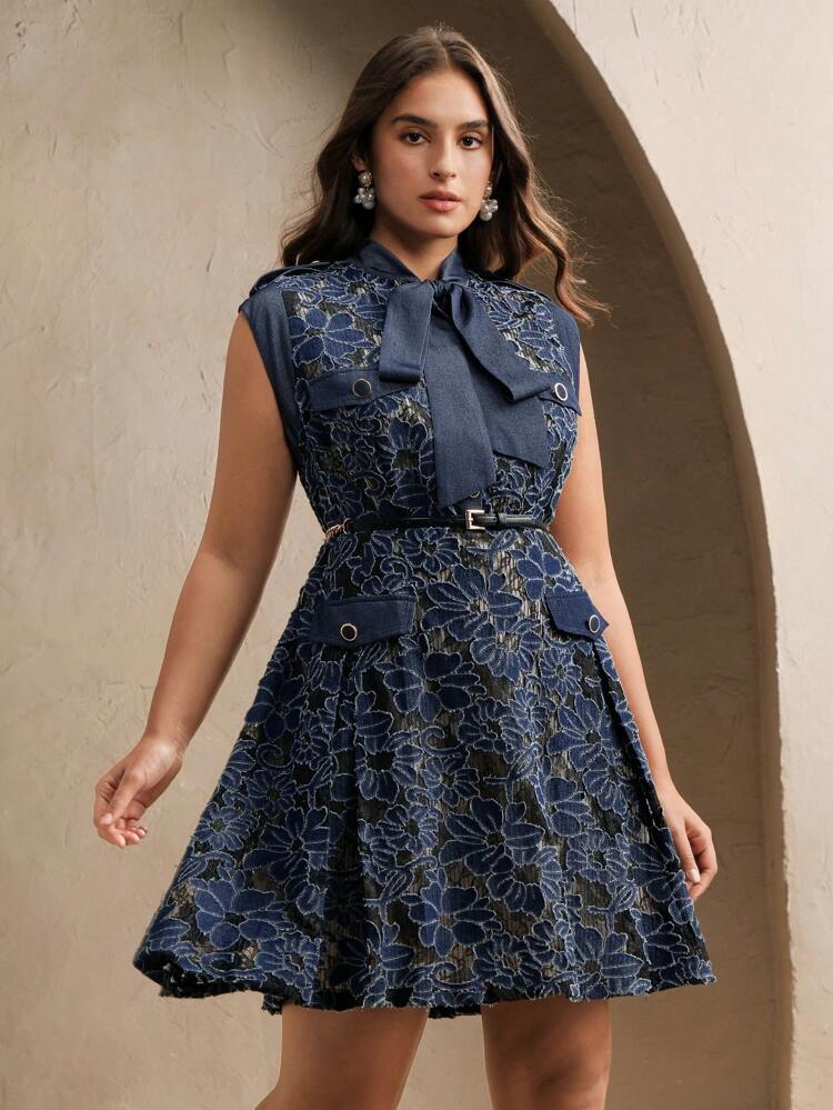 Plus Size Women Elegant Bow Collar Lace Embroidered Belt Decor Dress, Suitable For Spring, Summer, Festivals, Graduation