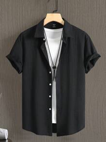 Manfinity Homme Men's Summer Solid Color Single-Breasted Casual Commuter Short Sleeve Shirt - Black - View 4