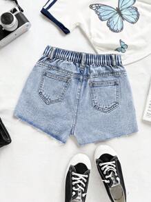 Tween Girls' Summer Casual Light Blue Denim Shorts,Back-To-School Retro Y2K Butterfly Embroidery A-Line Shorts For School,Holiday,Daily Wear,8-12Y - Light Wash - View 2