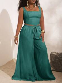 Slaydiva Bộ đồ 2 mảnh quần ống rộng màu kaki dáng xương cá, có túi, chất liệu vải dệt họa tiết, dành cho nữ cỡ lớn, thích hợp cho kỳ nghỉ xuân/hè. - màu xanh lá - Xem 10