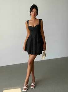 Aloruh Black Lace Ruffle Hem Slip Dress