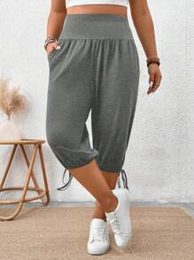 SHEIN LUNE Pantalones elegantes casuales de talla grande con bolsillos sesgados para mujeres, nueva longitud de 7/10