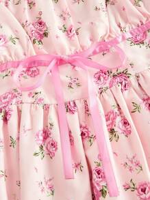 SHEIN MOD 加大码花卉印花褶饰胸围蝴蝶结装饰无袖夏装 - 彩色 - 查看 3