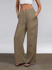 Athîral Women's Casual Solid Color Pocket Drawstring Pants, Daily Wear - Coffee Brown - View 1