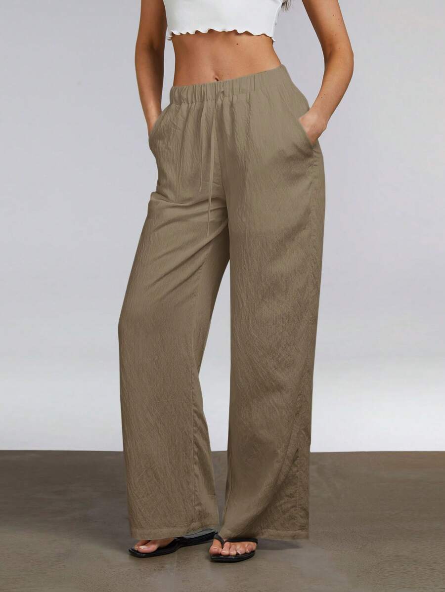 Athîral Women's Casual Solid Color Pocket Drawstring Pants, Daily Wear - Coffee Brown - View 1