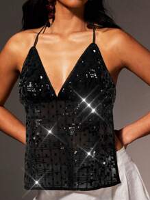 Athîral Women's Sexy Sequin Backless Halter Top, Summer - Black - View 3