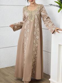 Al Najma 女士优雅提花拼接长款开衫，土耳其和阿拉伯传统风格 - 卡其色 - 查看 6