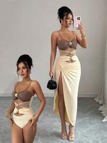 Rafferiza Sexy High Waist Gold Button Hollow Out Slimming Bodysuit - Multicolor - View 1