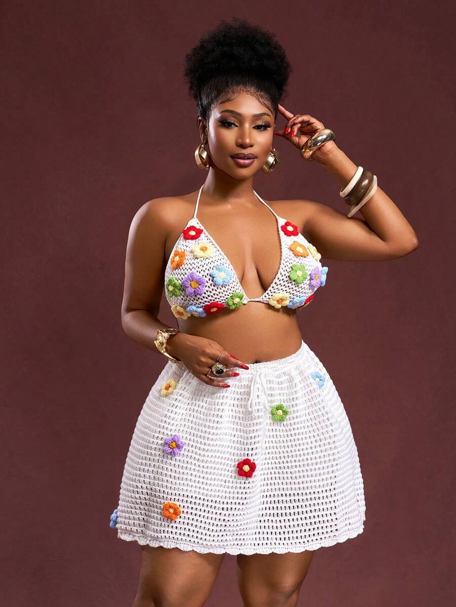 Slaydiva 2025 New Summer Rainbow Beach/Holiday/Sexy Crochet Floral Skirt With Suspender Knitted Set - White - View 1