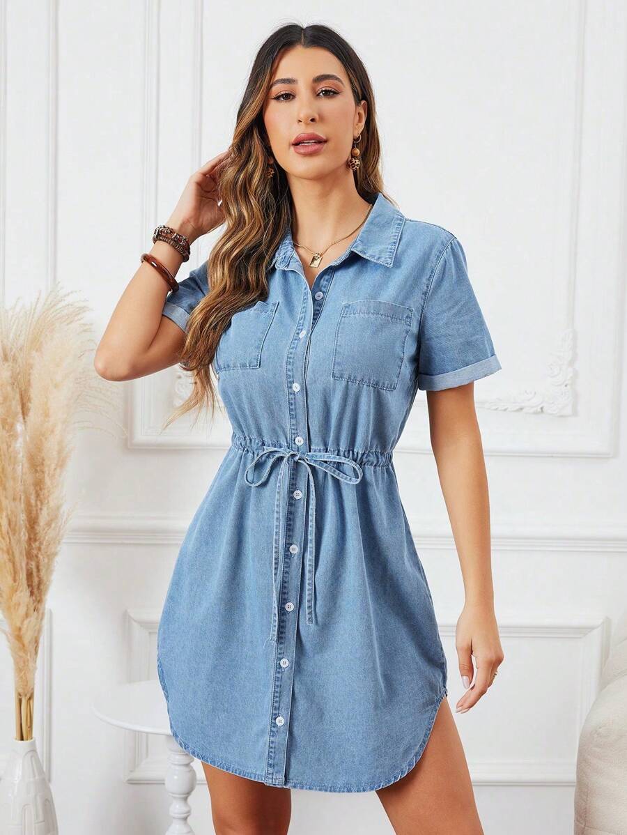 SHEIN Essnce Rochie de vară casual din denim cu talie cu șnur și nasturi în față