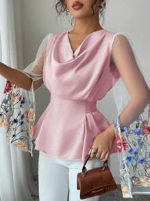 Elenzga Women's Elegant Embroidery Splice Loose Collar Gathered Waist Shirt - Pink - View 4