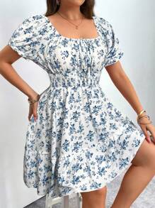 Vionelle 大码女式碎花系带泡泡袖短款休闲连衣裙 - 彩色 - 查看 3