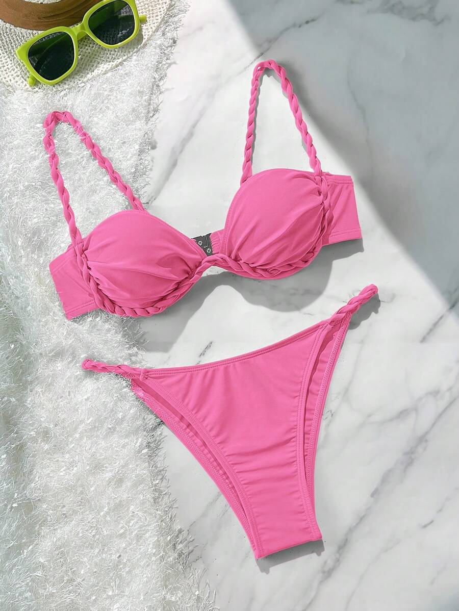 Soleia 2 sztuki/zestaw damski wojskowy zielony dzianinowy teksturowany kubek plisowany skręcony strój kąpielowy bikini - Różowy - Zobacz 1