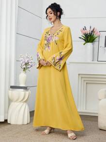 Al Najma 女士花卉刺绣V领宽松阿拉伯风格长袖连衣裙 - 黃色 - 查看 4