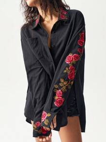 Bohemela Áo sơ mi dài tay tối giản thêu hoa cỡ lớn - màu đen - Xem 6