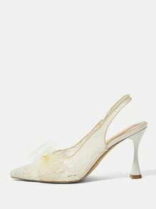 CUCCOO HITCHD 香槟色性感蕾丝网眼大蝴蝶结后背露趾舒适中跟女式正装鞋，适合约会、派对、节日、婚礼等各种场合 - 杏色 - 查看 8