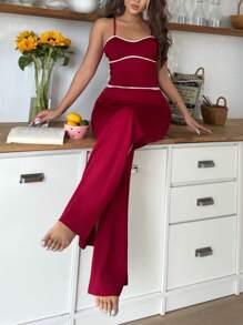 女士休闲性感高开叉连体裤家居服 - 酒紅色 - 查看 4