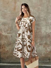 EMERY ROSE Đầm mini cổ tròn tay ngắn họa tiết hình học thường ngày dành cho nữ, mùa xuân/hè - màu nâu - Xem 3