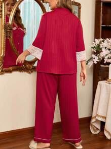 Plus Size Women Elegant French Style Lace Patchwork Contrast Color Loose Top & Pants Pajama Set, Fall Clothes, Cozy Outfit, For Christmas