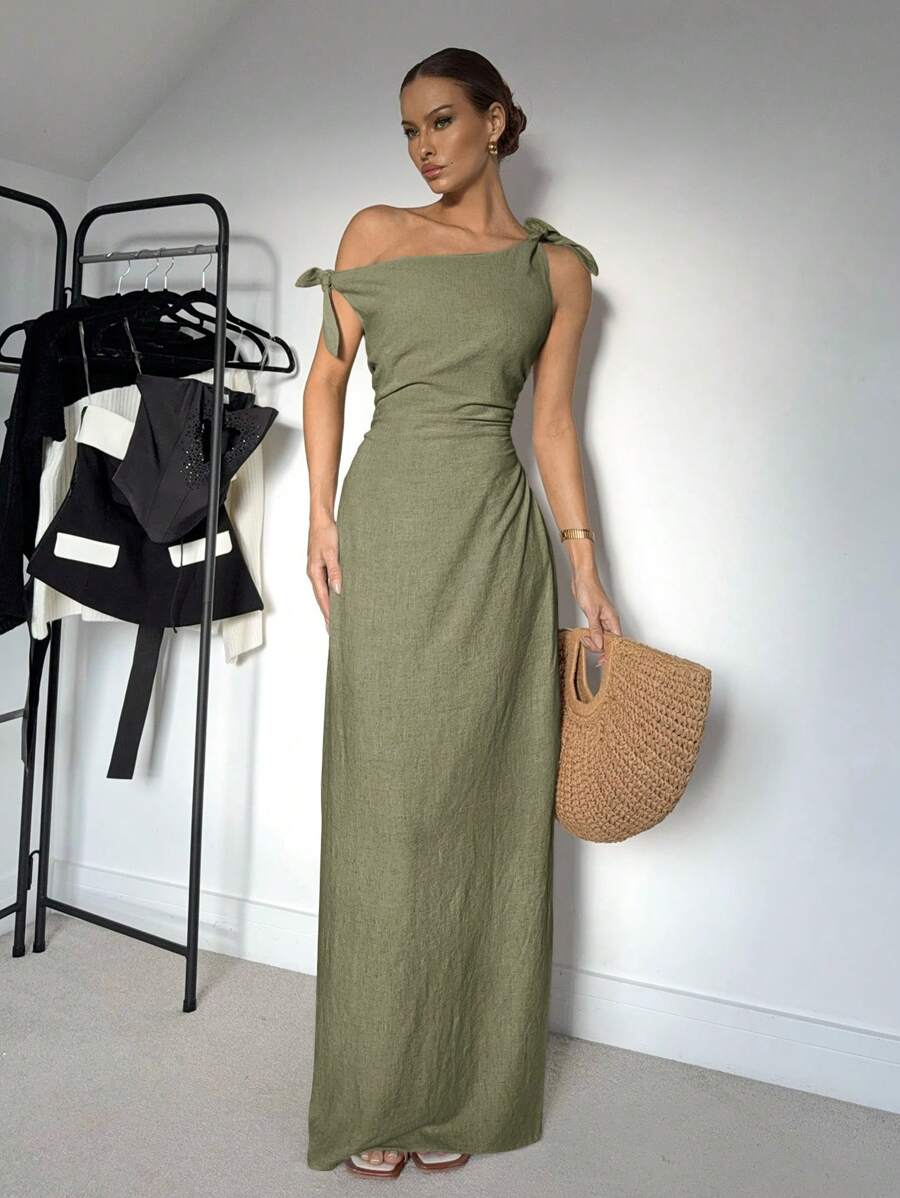 Siren Gaze 女式不对称领口结肩优雅连衣裙，夏季 - 軍綠色 - 查看 1