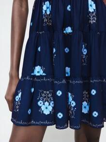 Maija 女式度假休闲花卉印花吊带背心迷你连衣裙 - 藍色 - 查看 8