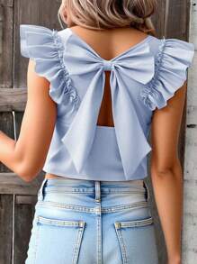 Girls Casual Solid Color V-Neck Ruffled Sleeve Back Hollow Design Removable Bow Decor Blouse, Suitable For Daily Wear - Baby Blue - View 1