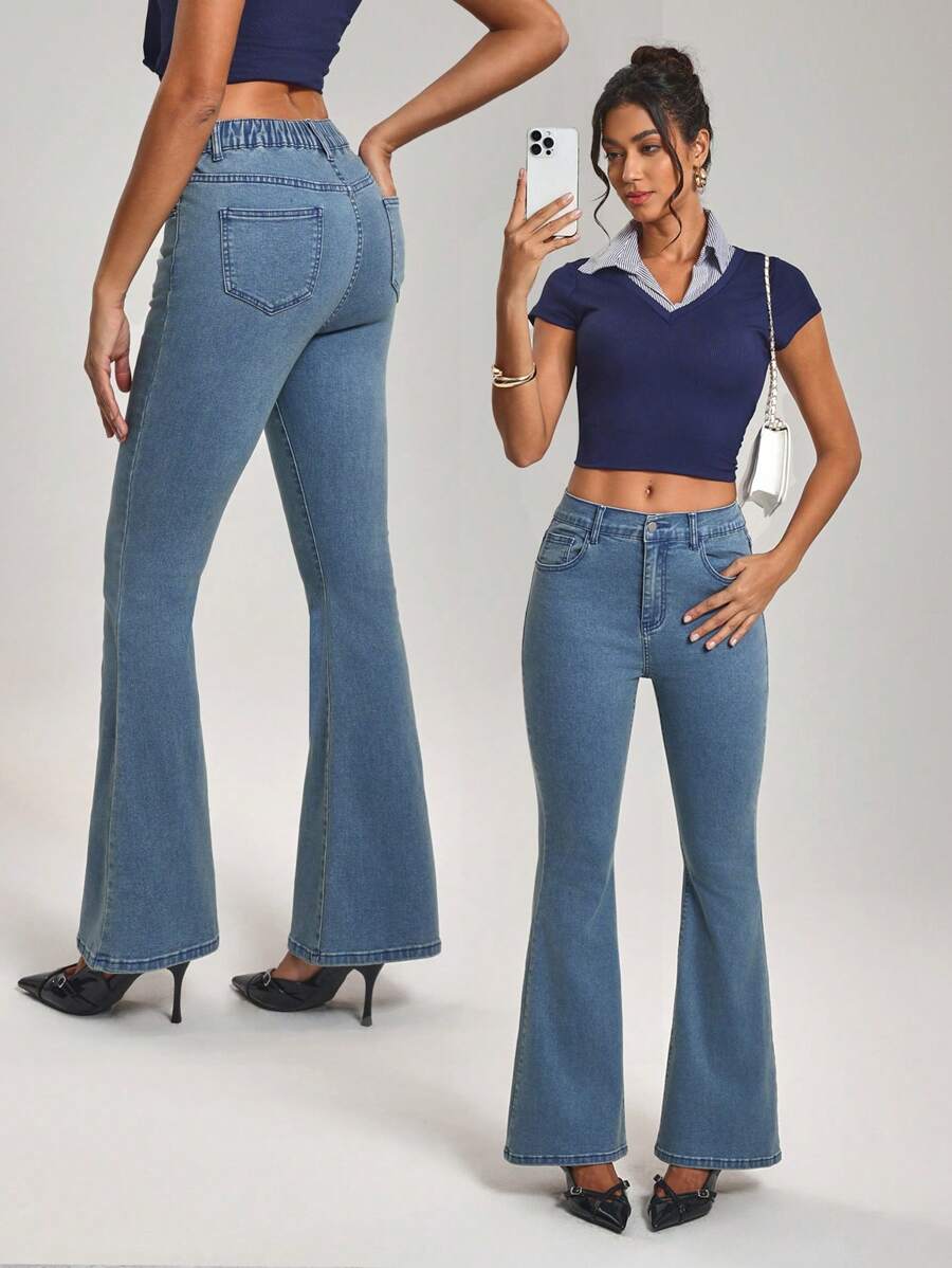 SHEIN Tall 女式宽松休闲百搭喇叭牛仔裤 - 藍色 - 查看 1