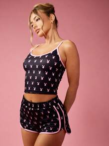 Missguided x Playboy 圣诞兔子印花两件套背心海豚短裤家居服套装 - 黑色 - 查看 5