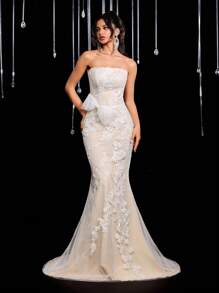 Glamrae Elegant Luxury Lace Splice Mesh Mermaid Tail Bridal Gown Flounce Long Train Wedding Dress Suitable For Wedding, Party, Prom - Beige - View 6