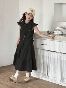 SHEIN Genkimix Kids Conjunto de 2 piezas para niñas con top tipo chaleco elegante y falda con volantes asimétricos en el bajo