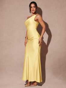 Silquee 优雅女士不对称露背开衩长裙，适合日常穿着、约会、夜总会、派对、秋季 - 黃色 - 查看 5