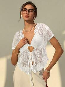 Aloruh New Sexy Lace Deep V Neck Drawstring Tie Asymmetrical Hem Slim Fit Blouse - White - View 4