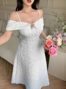Modelyn 女士花卉提花露肩优雅中长渐变色连衣裙 - 藍色 - 查看 5