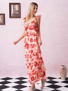 SHEIN Clasi Women's Elegant Chiffon Maxi Dress, European And American Style Ruffled Layered Flowy Floral Print Drawstring Waist Dress - Pink - View 4
