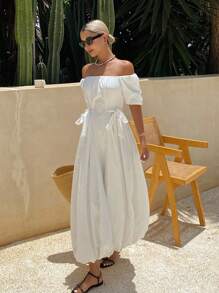 Livesso 纯色露肩束腰蝴蝶结碎花连衣裙，优雅的秋季度假装 - 白色 - 查看 3