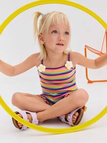 SHEIN Ung flicka – Avslappnad randig, beskuren topp och shorts i 2 delar - Blå - Visa 3