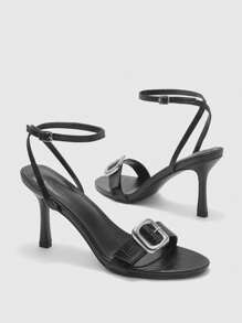CUCCOO BIZCHIC Sandalias de tacón alto con puntera redonda, decoradas con hebilla de metal, de estilo punk en piel sintética negra - Negro - Ver 9
