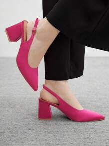 CUCCOO BIZCHIC Fashionable Fuchsia Open Heel Pointed Toe Chunky Mid-Heel Pumps, Classic Minimalist Design For Work, Date, Party, Holiday, Wedding For Christmas - Hot Pink - View 3