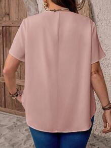 EMERY ROSE 加大码 V 领褶饰夏季短袖休闲纯色上衣，乡村休闲度假风，简约时尚，适合日常穿着，适合送给母亲、波西米亚、春假、狂欢、乡村、老师的礼物