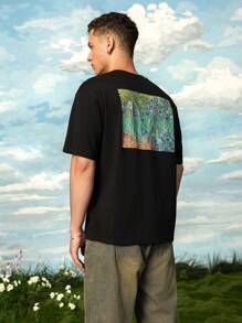 SHEIN Touch of Art 男士鸢尾花图案黑色短袖圆领T恤 - 黑色 - 查看 5