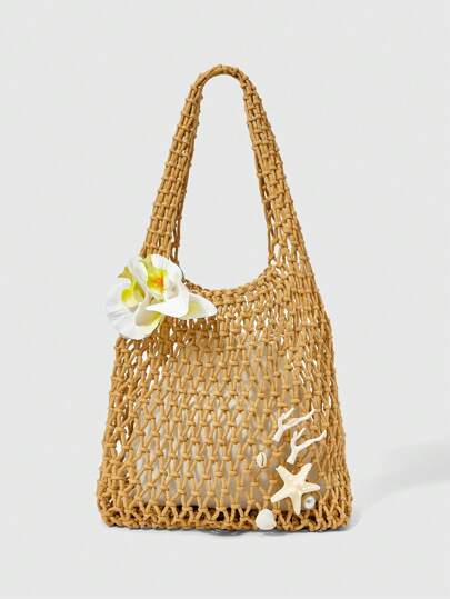 ROMWE Fairycore 1 Set Beige  Woven Beach Tote Bag And Accessories, Personalized Fashion Beach Vacation Style Women Handbag (Includes 1 Bag And 1 Set Of Accessories)