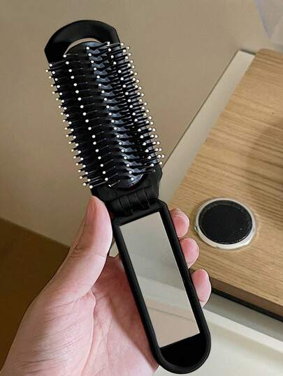 Grunge Punk 1pc Cross & Heart Pattern Comb With Compact Mirror, Foldable, Portable, Back To School Accessory (Pattern Placement Random)