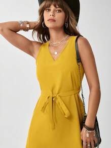 SHEIN LUNE Đầm Thắt lưng màu trơn Giải trí - Màu Mù tạt vàng - Xem 5