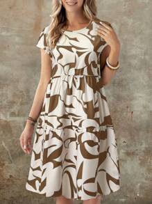 EMERY ROSE Đầm mini cổ tròn tay ngắn họa tiết hình học thường ngày dành cho nữ, mùa xuân/hè - màu nâu - Xem 4