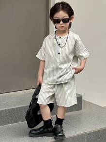 DAZY Set de 2 piezas - Camisa de cuello redondo a rayas y pantalón corto para niño, para otoño - Blanco - Ver 5