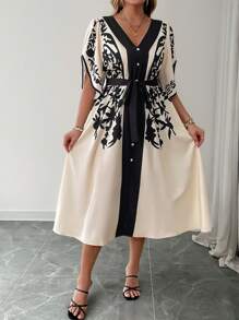 Elenzga فستان بياقة على شكل حرف V وأكمام مُنفرجة وخصر ضيِّق مزخرف بطباعة زهور عتيقة، موضة الربيع/الصيف - لون مشمشي - مشاهدة 3