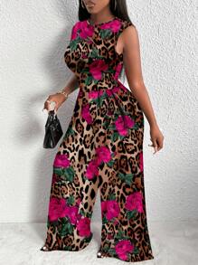Slaydiva Plus Size Summer Casual Full Print Jumpsuit Suitable For Going Out Leopard Print - Hot Pink - View 4