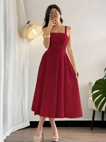 Firerie Váy dài vừa phải dáng chữ A, mùa hè, vải voan xếp nếp màu vàng, họa tiết chấm bi, đơn giản, thanh lịch cho nữ đi biển - Màu Đỏ Sâu - Xem 3