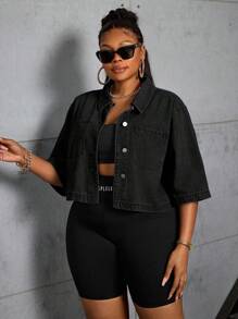 SHEIN SXY Plus Size Women's Non-Stretch Denim Short Jacket Outerwear