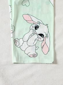 Tween Girls Cute Rabbit Pattern Pajamas Set,Pastel Green Summer Sleepwear Includes Short Sleeve T-Shirt & Long Pants,Soft & Comfortable Loungewear - Mint Green - View 3